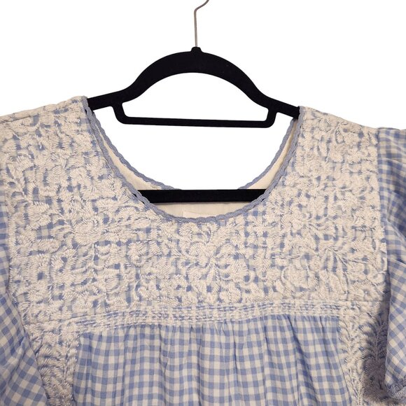 J Marie Blue Gingham Cotton Floral Embroidered Dress Size S - Picture 4 of 10